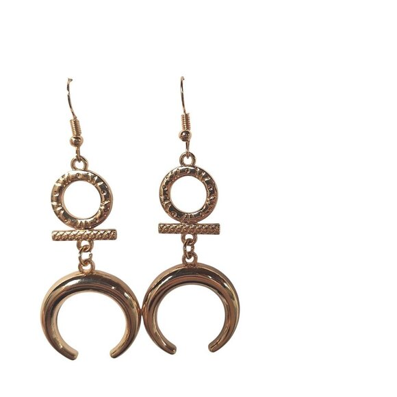 Gold Tone Crescent Moon Dangle Earrings Geometric - Picture 2 of 4